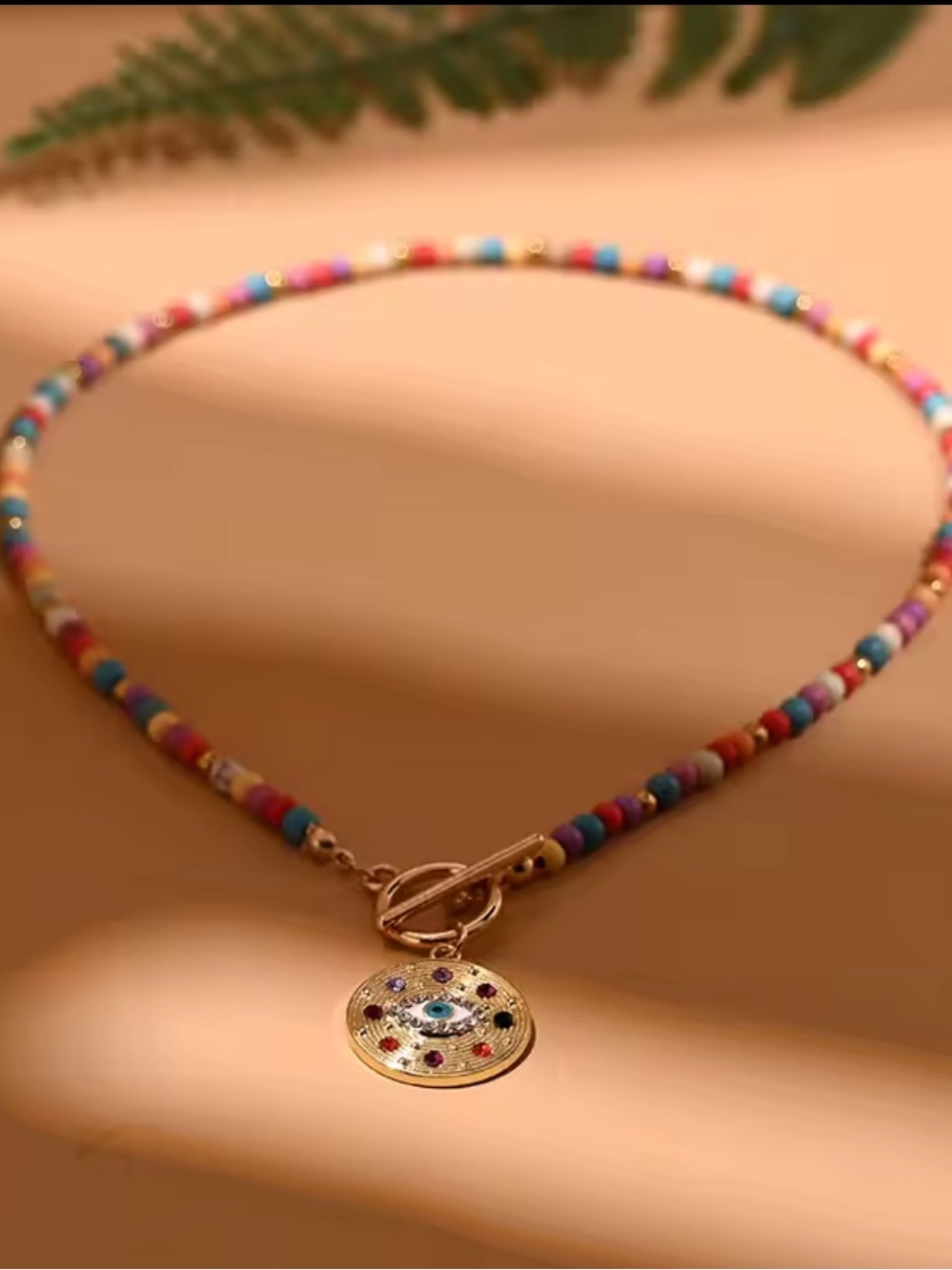 Gold Evil Eye Pendant with Multicolor Beads